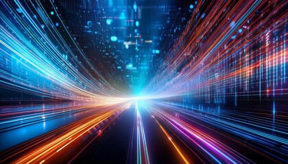 a vibrant digital abstract image featuring luminous lines and binary patterns suggesting technology and data flow
