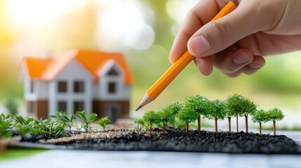 Designing a sustainable landscape model home office creative process green environment close-up view