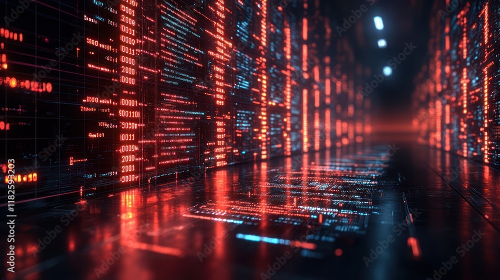 Poster futuristic data center corridor with glowing red and blue code.