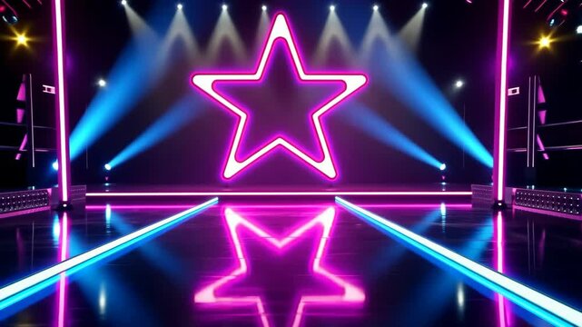 Neon Star Stage:  A vibrant and futuristic stage design featuring a large neon pink star as the centerpiece, illuminated by dynamic blue and pink spotlights. Perfect for showcasing talent, awards.