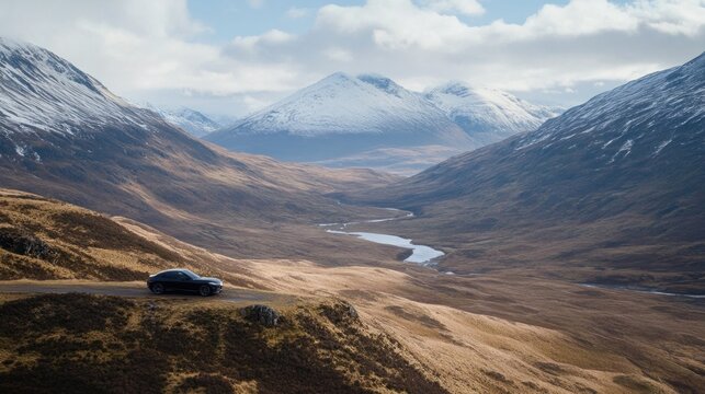 sleek car is parked on a winding road, surrounded by vast valleys and towering snow-capped mountains under a bright sky. scene captures the serene beauty of the Scottish Highlands - Powered by Adobe