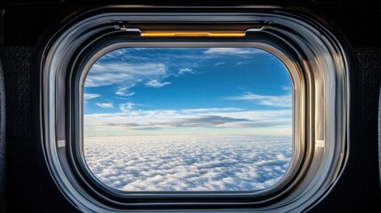 clear view through an airplane window reveals a stunning expanse of fluffy white clouds beneath a brilliant blue sky. scene captures the tranquility of flight at high altitude