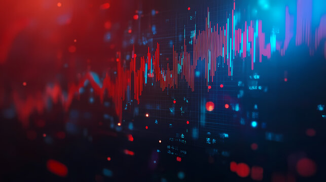 A vibrant blue and red background filled with intersecting lines and scattered dots, a scatter plot showing the correlation between market volatility and trade volume. Velvetlight. Illustration