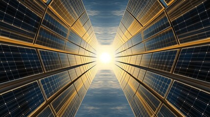 Symmetrical solar panel reflection at sunrise with golden light