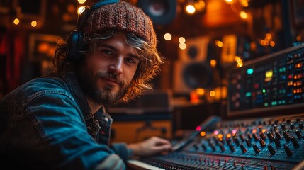 Fototapeta premium Bearded Man Working Music Studio Mixing Board