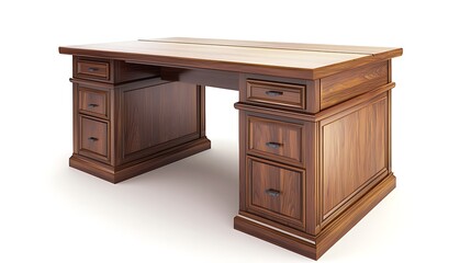 A wooden desk with drawers and a black handle