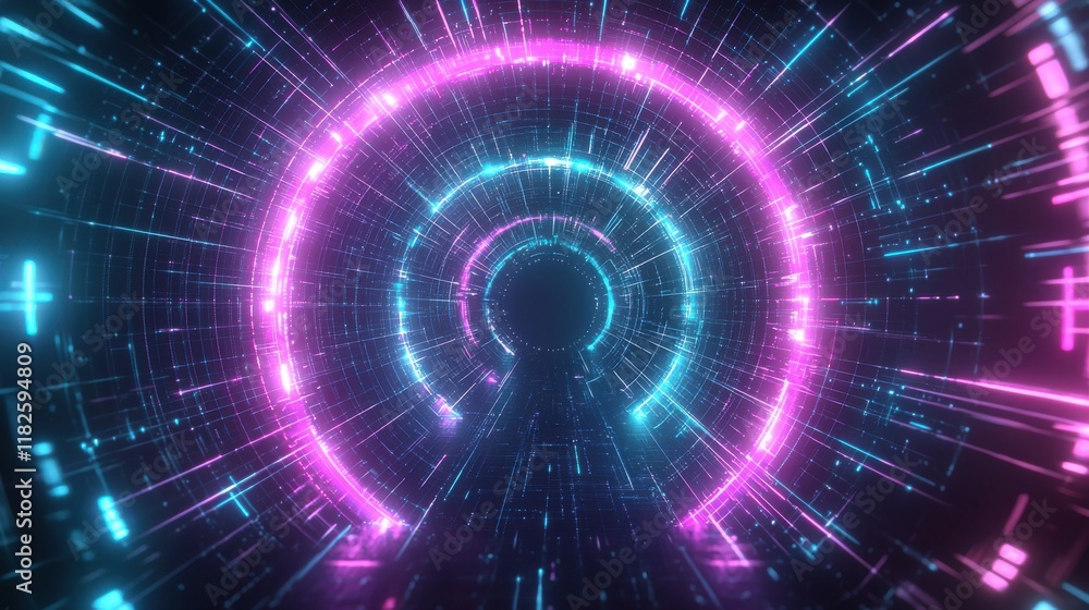 Poster futuristic tunnel experience digital realm graphic design virtual environment wide-angle view abstra