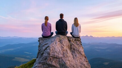 Naklejka premium Three individuals relax on a large rock, facing a breathtaking view of mountains and valleys as the sun sets, creating a vibrant sky filled with colors