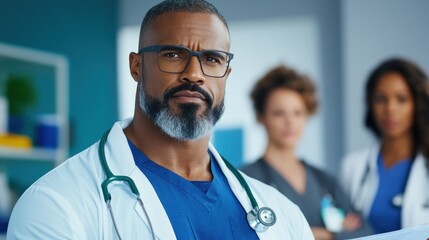 confident doctor, wearing glasses and a white coat, stands with a serious expression in a bright medical office while engaging in a discussion about patient care with nursing staff