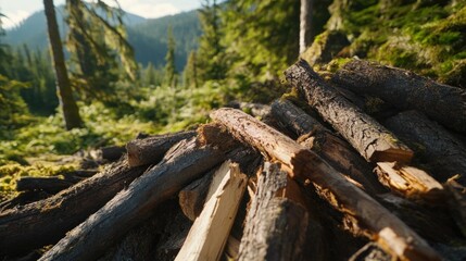 Fototapeta premium close-up view of neatly stacked firewood rests amid a vibrant forest