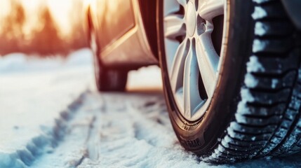 close-up view of a tire resting on a snowy road, showcasing deep treads designed for winter conditions. sunlight casts a warm glow over the scene, enhancing the winter atmosphere