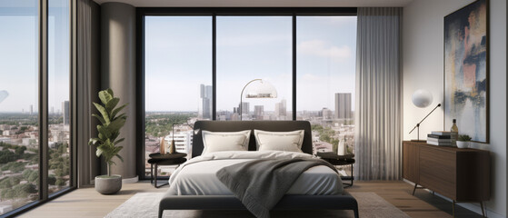 luxury penthouse bedroom featuring floor-to-ceiling windows with panoramic city views