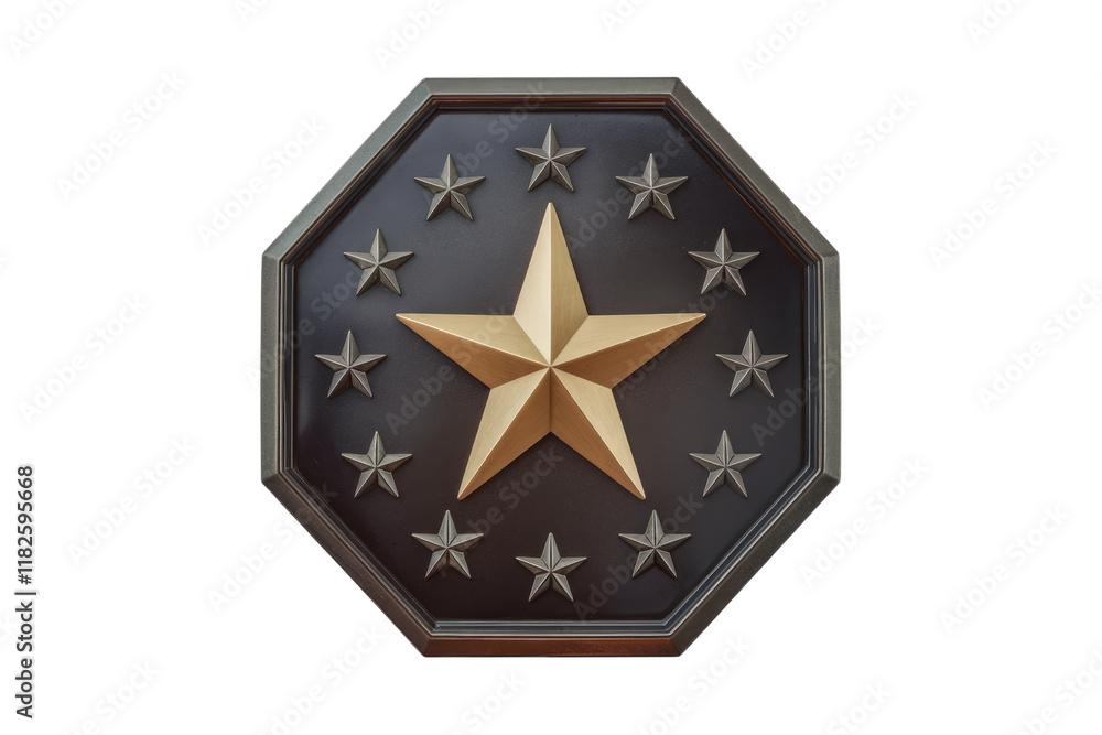 Poster octagonal plaque with a large gold star surrounded by smaller stars. background removed