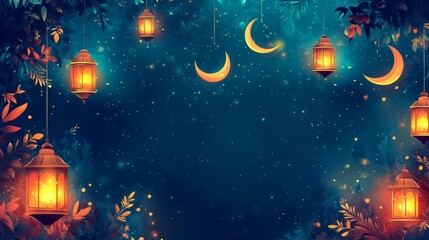 Fototapeta premium Vibrant glowing lanterns and star patterns creating a festive Ramadan-themed frame, Ramadan bakcground