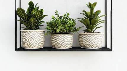 Obraz premium Stylish Plant Display on Modern Wall Shelf with Geometric Patterned Planters
