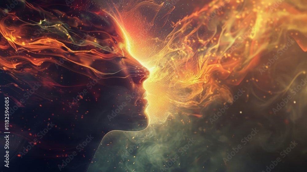 Poster silhouette of a face merging into fiery light, with swirling patterns on a dark background. concept 