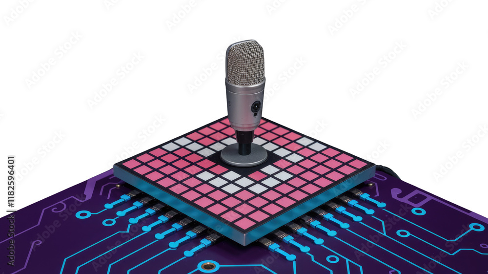 Poster a microphone sits atop a pink and white gridded midi controller, resting on a purple circuit board. 