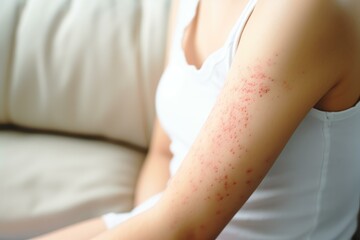 Obraz premium Close up of a woman's arm showing a red rash, possibly indicating a skin allergy requiring treatment