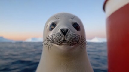 Fototapeta premium Playful seal swimming near ship arctic ocean wildlife photography ocean view marine life exploration