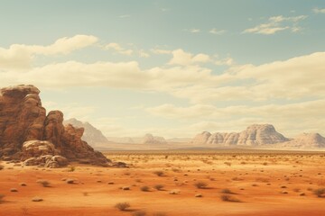 Naklejka premium Scenic view of sandstone and granite mountains rising from wadi rum desert in jordan under cloudy blue sky