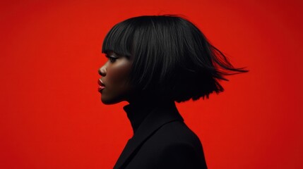 woman with sleek black hair is captured in profile, dressed in a minimalist outfit. vibrant red background enhances her striking features, emphasizing contemporary beauty