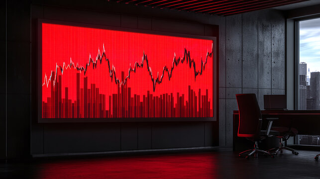 Red business bankruptcy graph on large display screen monitor in office. stock market decline price falling, recession rate decline chart going down, depression decrease inflation diagram.