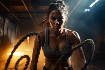 Strong female athlete exercising with battle ropes in dark smoky gym