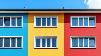 Fototapeta premium vibrant building displays walls of blue, yellow, and red, featuring large white-framed windows. clear blue sky enhances the colorful appearance of this urban structure