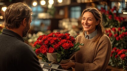 Young hispanic female florist smiling while handing a bouquet of red roses to mature caucasian male customer