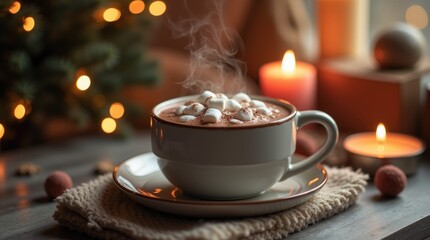 Steaming hot chocolate with marshmallows in cozy candlelit setting