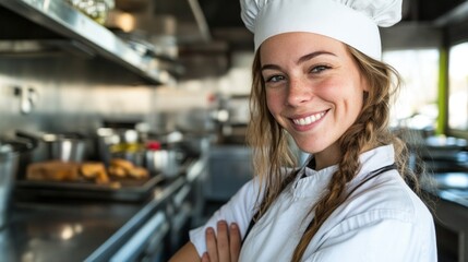 cheerful female chef stands in a bright, modern kitchen, her arms crossed confidently. She wears a chefs uniform and a hat, showcasing a vibrant culinary environment filled with kitchen tools