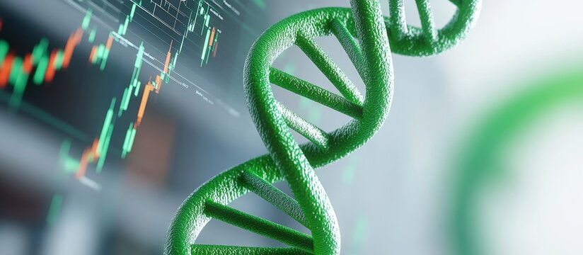 Green DNA Helix with Stock Market Charts in Digital Environment