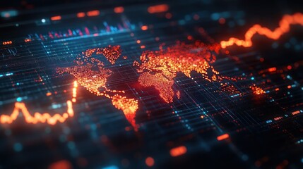 Obraz premium A digital representation of a world map with data visualizations and trends.
