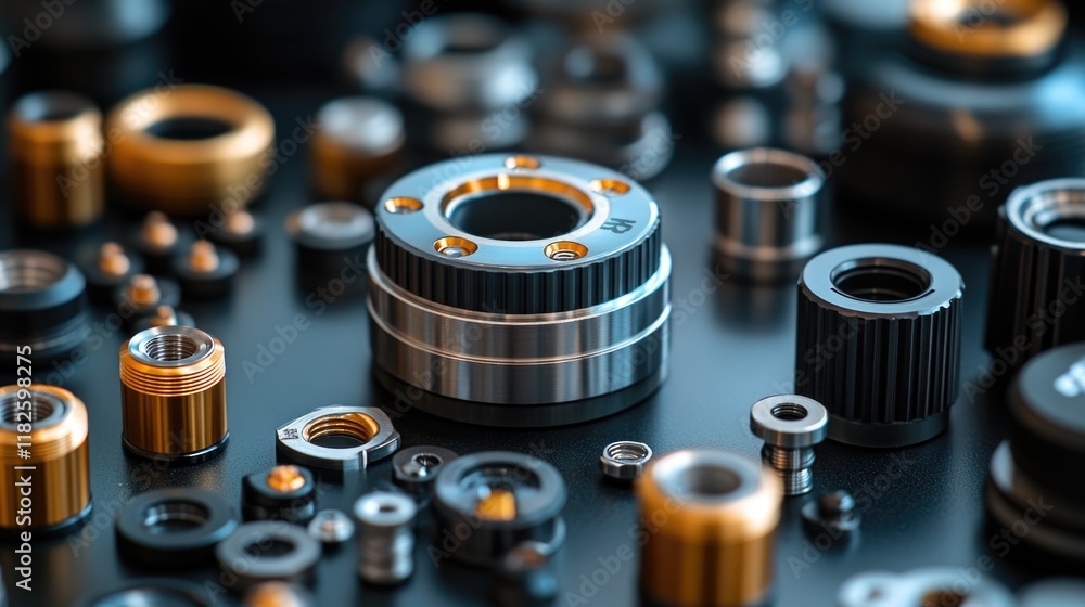 Poster various metal parts and machinery components on a workbench or in a production setting