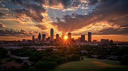 Naklejka premium Dallas Skyline Sunset Dramatic Orange Cloudscape
