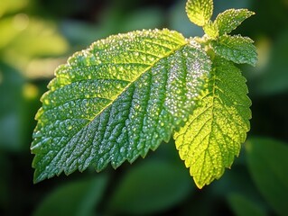 Dew-covered mint leaf in sunlight.