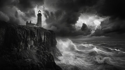 Dramatic black and white photo of a lighthouse on a cliff during a stormy sea. (1)