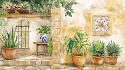 Serene Spanish Courtyard Watercolor Painting: A Peaceful Oasis with Vibrant Plants and Intricate Tilework