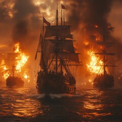 Fiery naval battle; burning ships at sea.