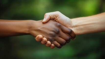 Close-up of diverse handshake against green outdoor background. Perfect for corporate materials, advertising, and social campaigns. Represents inclusivity, partnership, and unity