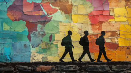 Obraz premium Silhouettes of people walking against colorful Africa map mural. Perfect for educational content, social campaigns, and cultural events. Represents progress, movement, and cultural richness