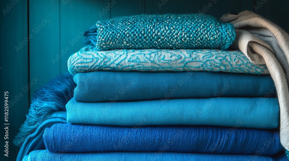 Poster Stack of blue textiles in various patterns and fabrics