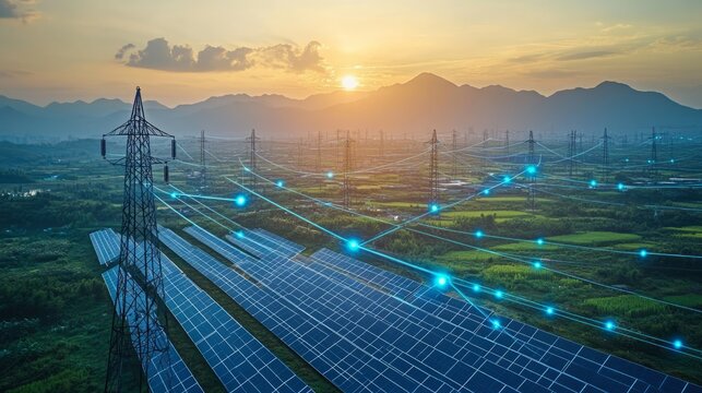 Solar panels and power lines in green landscape at sunset