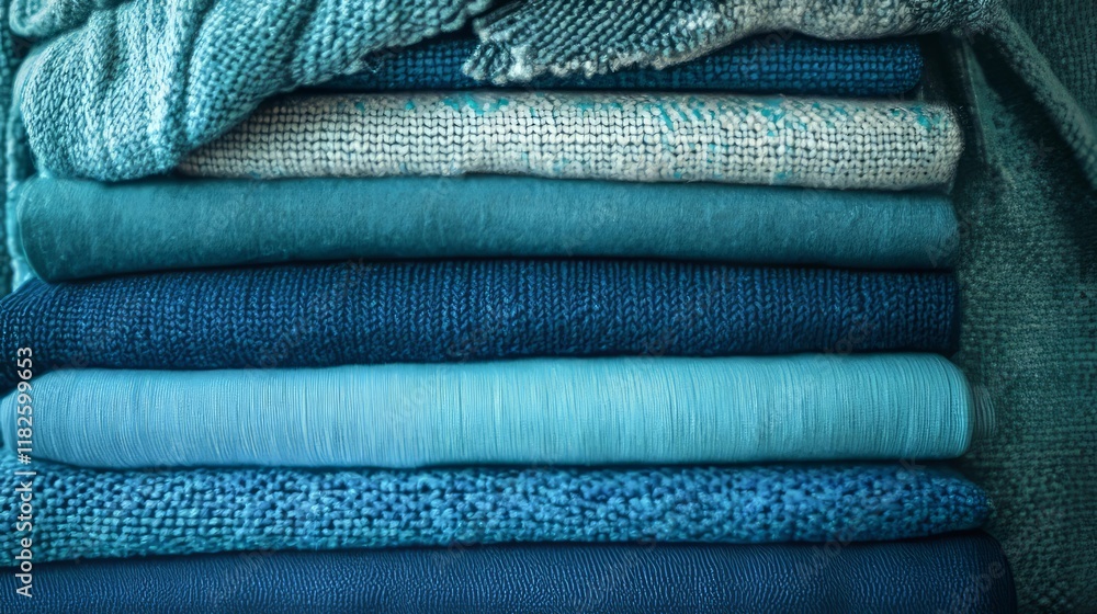 Poster stack of blue textiles in various shades and patterns