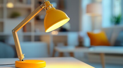 Yellow desk lamp on white table, wooden arms, orange base, blurred living room background, warm light, high-quality detail.