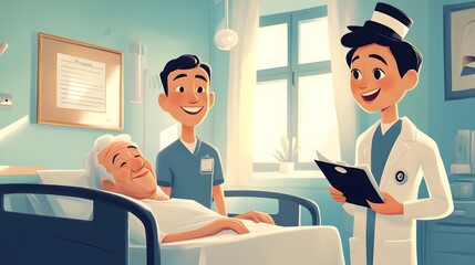 Cartoon-style illustration depicting a doctor with medical instruments in hand standing next to the bed of an elderly patient who is lying on their back