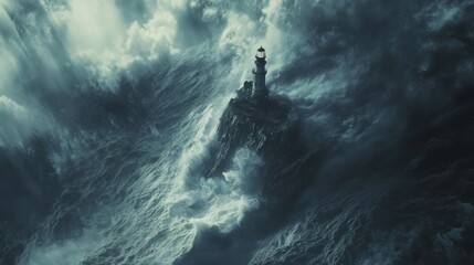 Lighthouse on a cliff during a raging storm.