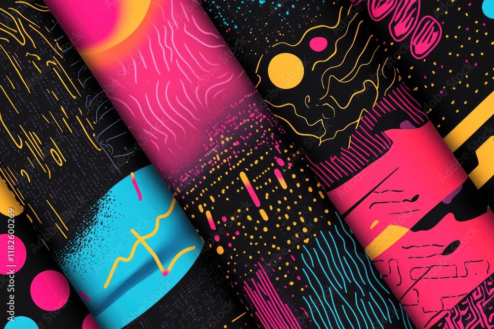 Poster abstract design with various shapes and textures on a dark background, suitable for use as a decorat