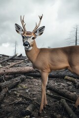 Fototapeta premium A deer stands on top of a wooden pile in a natural setting