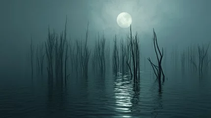 Printed kitchen splashbacks Moonlit swamp scene with fog and dead trees reflected in still water.